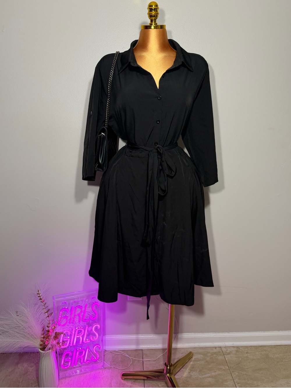BloomChic Black Button-Front Midi Shirt Dress